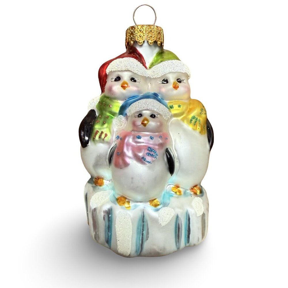 Vintage UT Penguin Family Christmas Ornament Hand Painted Blown‎ Glass Y2K Retro